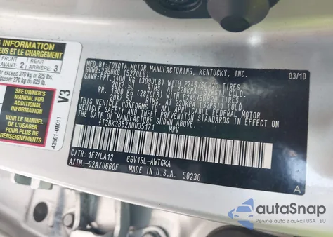 2010 Toyota Venza Base V6 z USA, uszkodzony, nr VIN 4T3BK3BB2AU035171